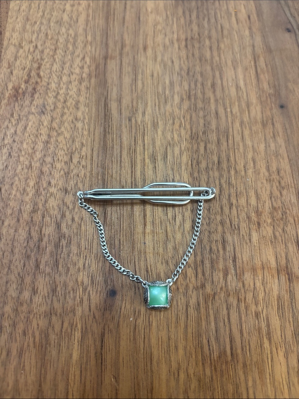 Vintage SWANK Silver Chain Tie Bar with Green Stone Accent